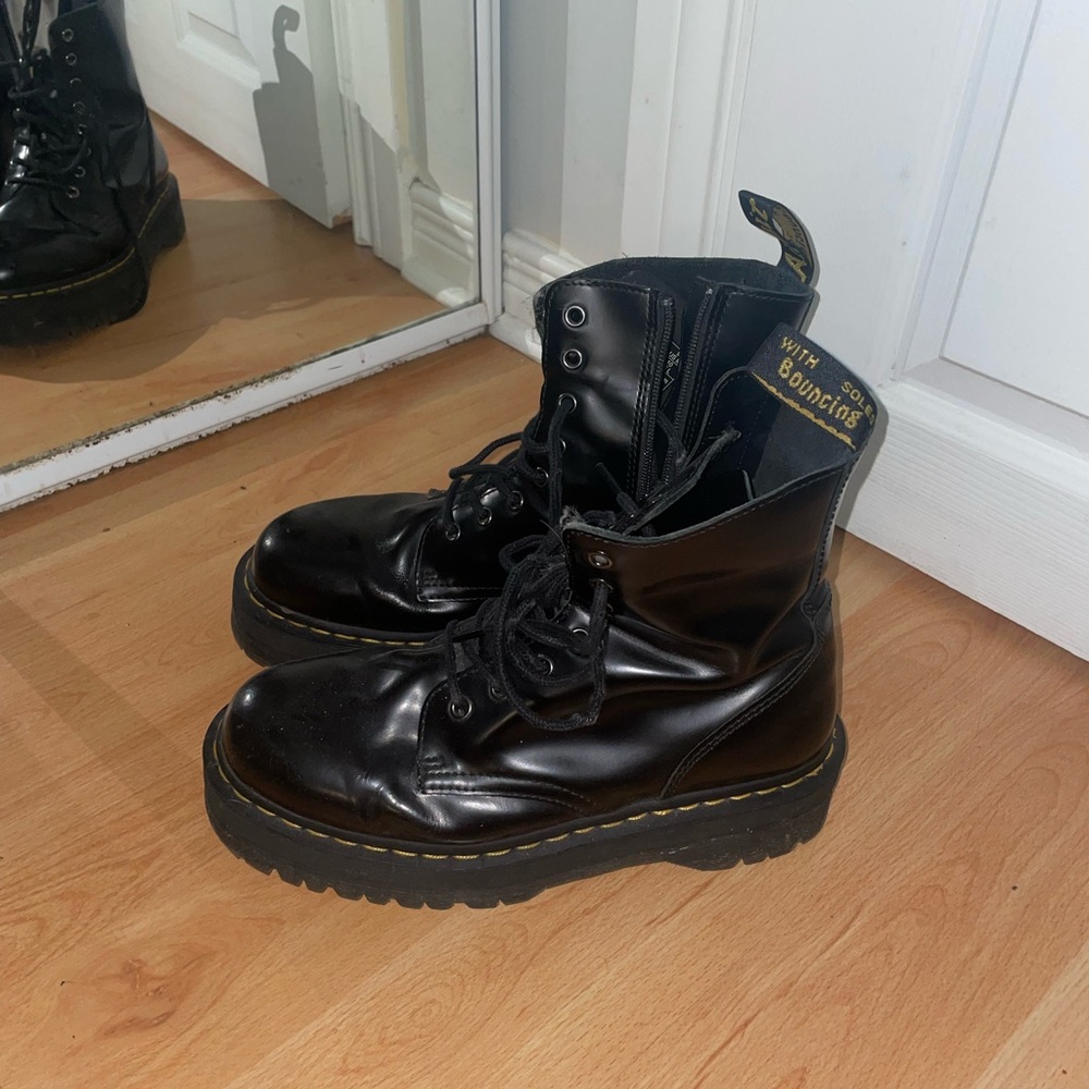Dr. Martens Black Leather Combat Boots with Yellow Stitching Accent
